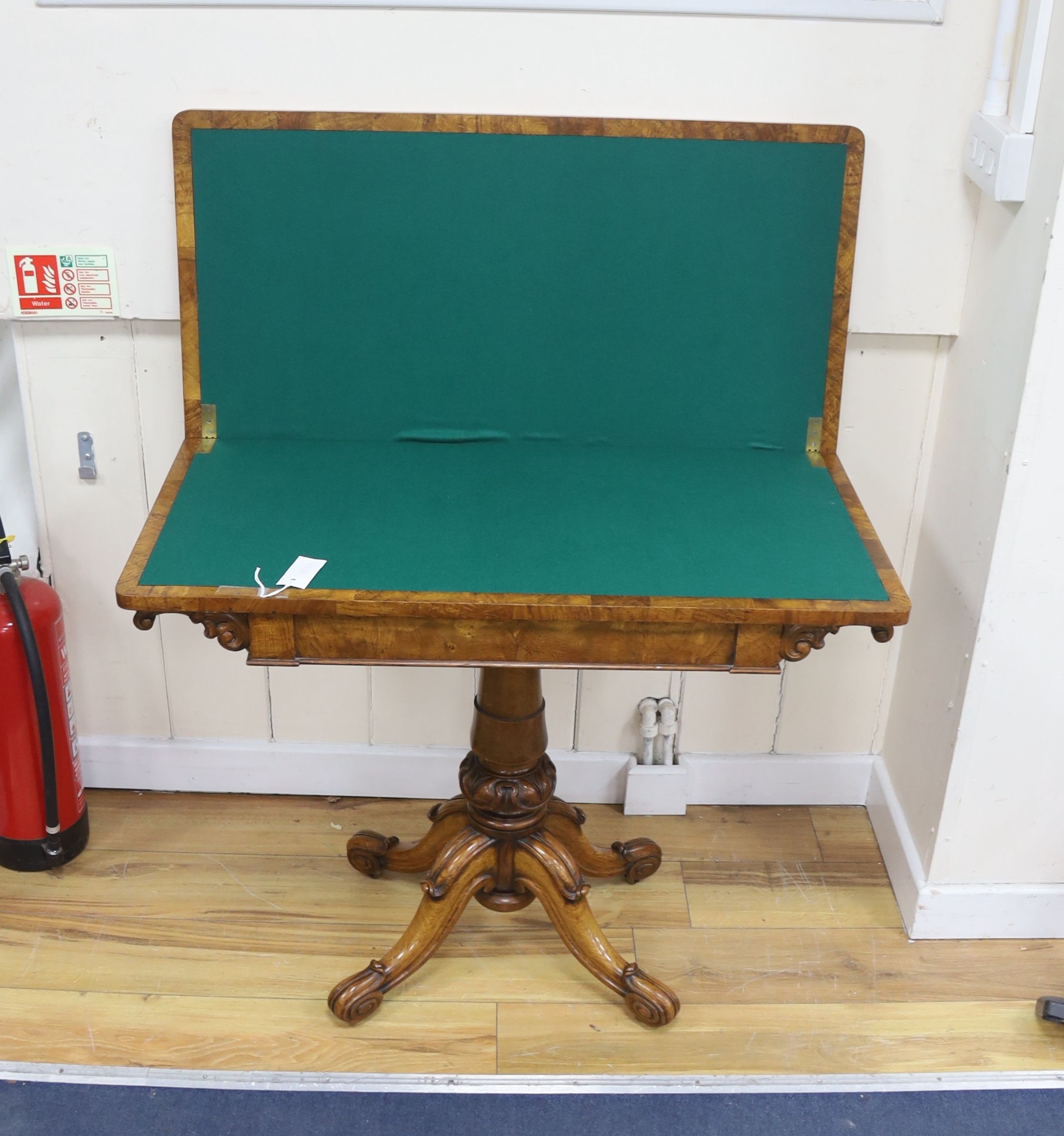 A William IV oak and pollard oak rectangular folding card table, width 92cm, depth 46cm, height 74cm